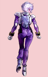  1boy angelo_sauper ass boots chiitaki full_body gloves gundam gundam_unicorn male_focus pilot_suit silver_hair simple_background solo wavy_hair 