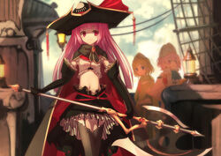  1boy 2girls bad_id bad_pixiv_id blonde_hair cape commentary_request elbow_gloves frills garter_straps gloves hat hojo_sophy long_hair midorikaze_fuwari midriff mole mole_under_eye multiple_girls otoko_no_ko pink_hair pirate_costume pirate_hat pretty_series pripara red_eyes reona_west rigging ruru_ashihara short_hair thighhighs 