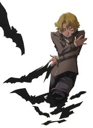  1boy bat_(animal) blonde_hair closed_eyes enami_katsumi highres male_focus official_art relic_von_balstein scan simple_background smile solo too_many too_many_bats vamp! vampire 