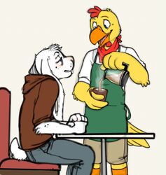  2013 4_fingers anthro apron avian barista beak beverage bird chicken clothed clothing coffee container cubi cubi_(characters) cubi_(rabbit) cup digital_drawing_(artwork) digital_media_(artwork) duo feathers fingers fur galliform gallus_(genus) gus_(flir) kerchief lagomorph leporid long_ears male mammal neckerchief open_mouth phasianid rabbit simple_background sitting smile standing white_body white_fur yellow_body yellow_feathers 