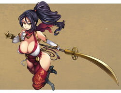  bare_hips bare_shoulders black_hair breasts brown_eyes cleavage commentary_request covered_nipples elbow_gloves female fingerless_gloves gloves highres hip_focus huge_breasts long_hair meme50 momiji_(ninja_gaiden) ninja_gaiden ninja_gaiden_dragon_sword ninja_gaiden_sigma_2 photoshop_(medium) polearm ponytail scarf solo weapon 