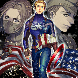  3boys animification blonde_hair blue_eyes brown_hair captain_america captain_america:_the_first_avenger captain_america:_the_winter_soldier captain_america_(series) commentary_request dual_persona hat james_buchanan_barnes ken_shirou_(loco) male_focus marvel marvel_cinematic_universe mask military_hat mouth_mask multiple_boys shield steve_rogers superhero_costume winter_soldier 