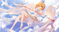  :d absurdres ahoge angel_wings bison_cangshu blue_sky blurry cardcaptor_sakura cardcaptor_sakura_clear_card_arc clear_card cloud commentary crown day depth_of_field dress feathered_wings feathers female flying gloves green_eyes highres holding holding_wand kinomoto_sakura kinomoto_sakura_(crystal_feather_dress) light_brown_hair looking_at_viewer magical_girl no_socks open_mouth outdoors outstretched_arm photoshop_(medium) shoes sky sleeveless sleeveless_dress smile solo star_(symbol) sunlight wand white_dress white_footwear white_gloves white_wings wings yume_no_tsue 