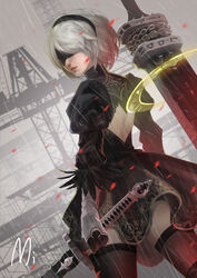  2b_(nier:automata) absurdres artist_name back_cutout black_blindfold black_dress black_footwear black_gloves black_hairband black_thighhighs blindfold boots chains closed_mouth clothing_cutout commentary_request covered_eyes cowboy_shot dress facing_viewer female from_behind gloves greatsword hair_over_one_eye hairband highres holding holding_sword holding_weapon huge_weapon juliet_sleeves katana legs_apart lips long_sleeves looking_back mi_(630956686) nier:automata nier_(series) nose petals photoshop_(medium) pink_lips print_thighhighs puffy_sleeves rain short_hair signature solo sword thigh_boots thighhighs turtleneck unsheathed vambraces weapon weapon_on_back wet wet_clothes wet_dress white_hair 