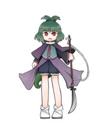  1other adagumo_no_saragimaru androgynous capelet chikafumikou commentary_request full_body green_hair hair_ornament len&#039;en naginata other_focus polearm ponytail puffy_shorts red_eyes short_hair short_ponytail shorts snake_hair_ornament snake_tail solo tail transparent_background weapon 