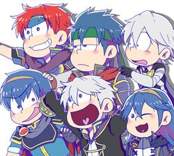  5boys blue_hair fire_emblem fire_emblem:_akatsuki_no_megami fire_emblem:_fuuin_no_tsurugi fire_emblem:_kakusei fire_emblem:_monshou_no_nazo fire_emblem_if headband heart heart_in_mouth ike koineko_(aph0310) lucina marth multiple_boys my_unit_(fire_emblem:_kakusei) my_unit_(fire_emblem_if) nintendo osomatsu-san parody red_hair roy_(fire_emblem) silver_hair style_parody super_smash_bros. tiara 