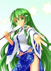  bad_id bad_pixiv_id bare_shoulders detached_sleeves female frog_hair_ornament gennsuikyou green_eyes green_hair hair_ornament highres kochiya_sanae long_hair navel outstretched_hand photoshop_(medium) solo star_(symbol) thighs touhou very_long_hair 