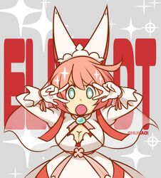  ahoge artist_name blue_eyes bra breasts character_name cleavage cleavage_cutout double_v dress elphelt_valentine female female gloves grey_background guilty_gear guilty_gear_xrd joelyn_lai kill_la_kill looking_at_viewer lyn_(shunao) mankanshoku_mako open_mouth parody pink_hair red_bra seiyuu_connection short_hair shunao solo sparkle suzaki_aya underwear v veil white_dress 