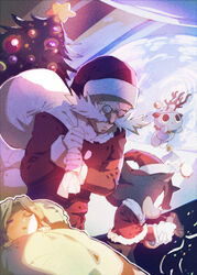  2boys aoki_(fumomo) bad_id bad_pixiv_id chao_(sonic) christmas christmas_tree facial_hair female furry gerald_robotnik grandfather_and_granddaughter grey_beard hat maria_robotnik moustache multiple_boys sack santa_costume santa_hat shadow_the_hedgehog sleeping sonic_(series) 