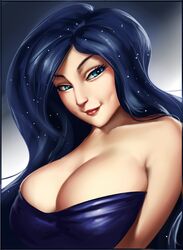  bare_shoulders blue_eyes blue_hair breasts cleavage dimples female huge_breasts lips long_hair looking_at_viewer luna_(my_little_pony) lvl_(sentrythe2310) my_little_pony my_little_pony_friendship_is_magic personification smile solo 