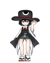  1other androgynous black_hair bow chikafumikou collared_socks commentary_request detached_sleeves enraku_tsubakura expressionless full_body geta grey_eyes hat large_hat len&#039;en other_focus red_ribbon ribbon short_hair shorts solo top_hat transparent_background 