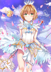  bad_id bad_pixiv_id blue_sky blush breasts brown_hair cardcaptor_sakura cardcaptor_sakura_clear_card_arc clear_card closed_mouth cloud commentary_request dress feathered_wings female gloves green_eyes hair_between_eyes highres kero_(cardcaptor_sakura) kinomoto_sakura kinomoto_sakura_(crystal_feather_dress) konka looking_at_viewer magical_girl petals see-through sky small_breasts smile white_dress white_gloves white_wings wings yume_no_tsue 