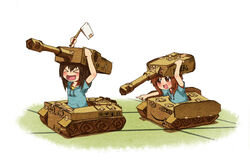  &gt;_&lt; 2girls :d ^_^ aged_down amazon_(company) box brown_eyes brown_hair cardboard cardboard_box closed_eyes commentary_request girls_und_panzer homura-yoshida35 lolicon military military_vehicle motor_vehicle multiple_girls nishizumi_maho nishizumi_miho open_mouth panzer_iv siblings sisters smile tank tape tiger_i xd 