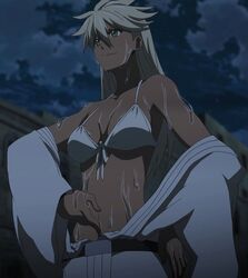  akame_ga_kill! belt bikini bikini_top blonde_hair building cloud cloudy_sky dark_skin female from_below front-tie_bikini front-tie_top green_eyes hand_on_hip long_hair looking_to_the_side mez_(akame_ga_kill!) night night_sky off_shoulder open_clothes screencap sky smile sweat swimsuit upper_body white_bikini 