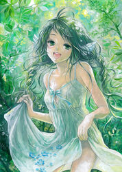  bow braid commentary_request dress feather_hair_ornament feathers female flower green_eyes green_hair hair_ornament original petals skirt_basket smile solo sundress toyoda_izumi traditional_media 