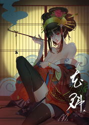  absurdres artist_name bare_shoulders black_thighhighs bracelet breasts brown_hair chinese_text cleavage closed_mouth collarbone commentary_request dress eyelashes female fingernails floral_print flower hair_bun hair_flower hair_ornament hair_rings hair_stick highres holding holding_smoking_pipe japanese_clothes jewelry kanzashi kimono kiseru knee_up lips looking_at_viewer medium_breasts mi_(630956686) nail_polish nihongami nose obi off-shoulder_dress off_shoulder oiran original photoshop_(medium) pink_lips red_eyes red_nails sash short_eyebrows sidelocks signature single_hair_bun sitting sliding_doors smile smoke smoking_pipe solo tassel thighhighs veranda wide_sleeves wooden_floor 