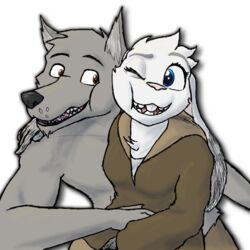  1:1 anthro caine_(difference) canid canine canis difference_(webcomic) duo female lagomorph leporid male mammal misfortunate-rai one_eye_closed rabbit ruby_(difference) teeth wink wolf 