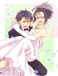  1boy anger_vein bad_id bad_pixiv_id bare_shoulders blush bridal_veil bride carrying closed_eyes couple dress female formal glasses gloves gown hange_zoe highres jewelry levi_(shingeki_no_kyojin) long_hair necklace noah_(livas) photoshop_(medium) princess_carry purple_hair shingeki_no_kyojin short_hair smile straight suit veil wedding wedding_dress 