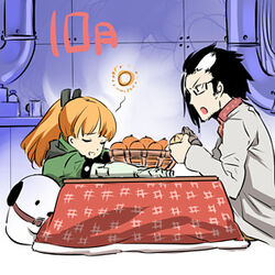  1boy akame_ga_kill! black_hair canine chibi closed_eyes dr._stylish female glasses hekatonkheires labcoat mechanical_arms official_art orange orange_hair red_tie scarf seryu_ubiquitous smile square_enix stubble table talking tashiro_tetsuya tie white_hair 