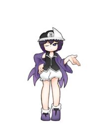  1other androgynous black_hair chikafumikou commentary_request frilled_hat frills full_body hat hood hooded_jacket hoodie jacket len&#039;en mob_cap necktie one_eye_closed other_focus puffy_shorts purple_eyes shitodo_kuroji short_hair shorts solo transparent_background triangular_headpiece 