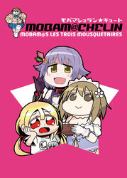  3girls :d bare_shoulders bkub blonde_hair bowl brown_eyes brown_hair chains chibi cleavage_cutout clothes_writing clothing_cutout collaboration collar commentary_request cover cover_page cuffs doujin_cover elbow_gloves fakkuma flower food fusion futaba_anzu gloves hair_flower hair_ornament hand_on_own_face headdress heart_cutout idolmaster idolmaster_cinderella_girls koshimizu_sachiko long_hair looking_at_viewer melty_sweet_(idolmaster) michelin_man mimura_kanako multiple_girls open_mouth pinky_out plump purple_background purple_hair red_eyes rodney_(melagal) shirt short_hair smile t-shirt twintails white_gloves yellow_eyes 