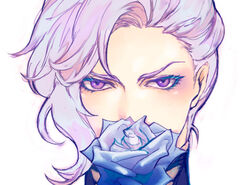  1boy angelo_sauper close-up eyelashes flower gundam gundam_unicorn looking_at_viewer male_focus purple_eyes rose silver_hair simple_background snj solo uniform wavy_hair white_background 