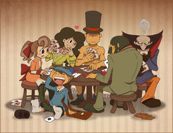  2girls 4boys black_hair blush brown_hair card commentary don_paolo english_commentary flora_reinhold hat heart hershel_layton holding holding_card inspector_chelmey laughing luke_triton multiple_boys multiple_girls nude poker professor_layton remi_altava shoes simple_background stool strip_game strip_poker sweatdrop table top_hat unworn_shoes zillabean 