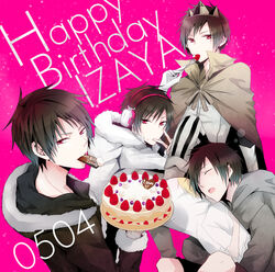  4boys alternate_costume animal_ears black_hair blush cake casual cat_ears commentary_request crown dakimakura_(object) durarara!! food fur_trim headphones maine_(unap!) male_focus mouth_hold multiple_boys multiple_persona orihara_izaya pillow red_eyes sleeping 