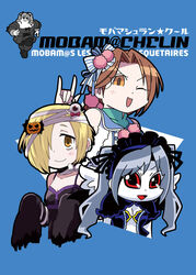  3girls \m/ bandages bare_shoulders bkub blonde_hair blue_background breasts brown_hair choker cleavage collaboration commentary_request cover cover_page doujin_cover eyeball fakkuma fusion gothic_lolita grey_hair hair_over_one_eye hair_ribbon headdress idolmaster idolmaster_cinderella_girls jack-o&#039;-lantern kanzaki_ranko kawashima_mizuki lolita_fashion long_sleeves looking_at_viewer michelin_man multiple_girls one_eye_closed orange_eyes pale_skin pom_pom_(clothes) ponytail pumpkin red_eyes ribbon rodney_(melagal) shirasaka_koume short_hair sleeves_past_wrists small_breasts smile twintails 