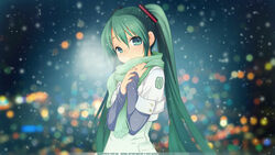  alternate_costume aqua_eyes aqua_hair blue_eyes blush breath female female green_eyes green_hair hair_ornament hairclip hatsune_miku long_hair looking_at_viewer neko_sakana scarf snow solo striped_print sweater twintails vocaloid winter winter_clothes 