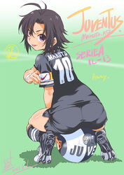  :p antenna_hair armband ass ball black_hair black_socks blush cleats clothes_writing color_connection dated female from_behind highres idolmaster idolmaster_(classic) inoue_sora italian_text italy juventus_fc kikuchi_makoto kneehighs looking_at_viewer looking_back pantylines photoshop_(medium) purple_eyes revision ribbed_legwear serie_a short_hair shorts signature sitting sitting_on_ball sitting_on_object smile soccer soccer_ball soccer_uniform socks solo sportswear squatting tongue tongue_out wristband 