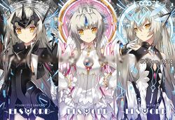  3girls bracelet closed_mouth code:_esencia_(elsword) code:_sariel_(elsword) code:_ultimate_(elsword) collarbone commentary_request crown earrings elsword eve_(elsword) facial_mark forehead_jewel gloves grey_hair jacket jewelry korean_commentary long_hair mechanical_ears multiple_girls smile vilor yellow_eyes 