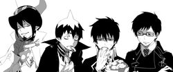  4boys amaimon ao_no_exorcist bad_id bad_pixiv_id brothers cross eating facial_hair finger_in_own_mouth fingerless_gloves food glasses gloves goatee greyscale grin hat mephisto_pheles monochrome multiple_boys necktie oerba_yun_fang okumura_rin okumura_yukio pointy_ears shaded_face siblings simple_background smile striped striped_necktie yomi178 