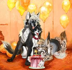  birthday_cake birthday_gift birthday_party cake canid canine canis chelsea_chamberlain dessert digital_media_(artwork) digital_painting_(artwork) domestic_dog felid feline female feral fluffy food group hi_res jeffusherb karelian_bear_dog licking lynx male mammal nightdancer_(character) paws spitz tongue tongue_out usb_necklace wolf zaire_(nightdancer) 