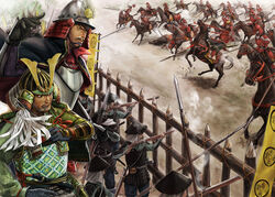  6+boys animal antique_firearm armor army arquebus bad_id bad_pixiv_id banner barding battle battle_standard black_gloves black_hair black_hat bracer breastplate cavalry crest dagger death facial_hair family_crest fence flag gloves gun hand_up hat helmet historical_event horse horseback_riding japan japanese_armor kabuto_(helmet) katana knife male_focus moustache multiple_boys musket nobori oda_nobunaga oda_uri outdoors photoshop_(medium) polearm real_life red_armor reins riding saddle samurai sengoku_jidai sheath sheathed smoke spear stake sword tokiemon_gogogo war weapon wooden_fence 