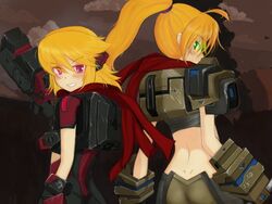  2girls alternate_costume armor blonde_hair cosmic_break green_eyes gun lazflamme looking_back mecha_musume metal_(xmetalx) midriff multiple_girls ponytail red_eyes red_scarf scarf smirk weapon winberrl 