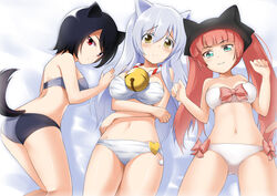  3girls :3 animal_ears bell bikini black_hair blush breasts cat_ears cat_tail cleavage collar commentary_request dog_ears dog_tail fox_ears genderswap_(mtf) girl_sandwich green_eyes grey_hair gugure!_kokkuri-san inugami_(gugukoku) kokkuri-san_(gugukoku) large_breasts long_hair looking_at_viewer mocchisake multiple_girls navel neck_bell photoshop_(medium) pink_hair red_eyes rule_63 sandwiched short_hair swimsuit tail tama_(gugukoku) twintails yellow_eyes 