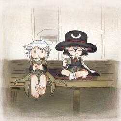  2others androgynous barefoot black_hair bow brown_coat chibi chikafumikou coat collared_socks commentary_request detached_sleeves enraku_tsubakura hat houlen_yabusame large_hat len&#039;en multiple_others open_mouth other_focus red_ribbon ribbon senri_shrine short_hair short_hair_with_long_locks shorts sitting smile tabi tea top_hat white_hair 