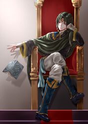  1boy aplche bad_id bad_twitter_id bishounen black_hair book boots circlet cloak closed_mouth commentary_request crossed_legs derivative_work dropping fire_emblem fire_emblem:_path_of_radiance fire_emblem:_radiant_dawn forehead_jewel gem gold_trim half-closed_eyes knee_boots light_frown long_sleeves looking_at_viewer male_focus open_book outstretched_arm outstretched_hand red_eyes sitting solo soren_(fire_emblem) throne wide_sleeves 