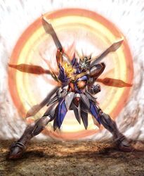  bakunetsu_god_finger circle clenched_hand dust energy energy_ring fighting_stance fire g_gundam glowing glowing_eyes glowing_hand god_gundam green_eyes gundam hyper_mode_(gundam) mecha morishita_naochika no_humans non-web_source robot solo 