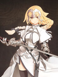  armor armored_dress black_gloves blonde_hair blue_eyes braid breasts capelet chains commentary_request d.r_(liu1029367675) fate/apocrypha fate/grand_order fate_(series) faulds female gauntlets gloves headpiece highres jeanne_d&#039;arc_(fate) jeanne_d&#039;arc_(third_ascension)_(fate) large_breasts long_hair looking_at_viewer photoshop_(medium) single_braid solo sword thighhighs weapon 