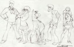  canine concept_art daphne_ann_blake daphne_blake facial_hair freckles frederick_herman_jones glasses hairband iwao_takamoto monochrome scarf scooby-doo scooby-doo_(character) shaggy_rogers velma_dace_dinkley velma_dinkley 