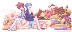  6+boys ahoge apple asbel_lhant black_hair blonde_hair blue_eyes blue_hair brothers cake candy character_doll checkerboard_cookie chibi chocolate coat commentary_request cookie crossed_legs cup cupcake doll drink food frown fruit full_body glasses green_hair heart heterochromia hubert_ozwell kettle kurt_(tales) lambda_(tales) male_focus malik_caesars multiple_boys pants photoshop_(medium) pocky purple_eyes red_apple red_hair retpa richard_(tales) shoes siblings sitting smile strawberry tales_of_(series) tales_of_graces teacup wafer_stick white_background 