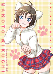  :3 ahoge animal_hood antenna_hair ariga_nao artist_name black_hair blue_eyes blush boots commentary_request dated female hood hoodie idolmaster idolmaster_(classic) kikuchi_makoto looking_at_viewer paw_pose short_hair skirt smile solo thighhighs white_thighhighs 