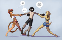  anthro aron_(jay_naylor) audrey_(jay_naylor) bottomwear boxers_(clothing) bra breasts canid canine canis clothing conditional_dnp dialogue domestic_cat domestic_dog felid feline felis female fur group jay_naylor male mammal panties shorts siamese text underwear zoe_(jay_naylor) 