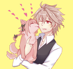  1boy ahoge animal bangs black_ribbon braid brown_hair canine eyebrows_visible_through_hair face_licking fate/apocrypha fate_(series) fokwolf hair_between_eyes hair_ornament hair_ribbon heart holding_animal licking long_braid long_sleeves looking_at_another male_focus one_eye_closed red_eyes ribbon shirt short_hair sieg_(fate/apocrypha) single_braid solo tongue tongue_out waistcoat white_shirt yellow_background 