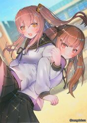  2girls :3 back-to-back bad_id bad_twitter_id black_ribbon black_skirt blurry blush breasts brown_eyes brown_hair building depth_of_field girls&#039;_frontline hair_between_eyes hair_ornament hair_over_shoulder hair_ribbon hairclip hanato_(seonoaiko) jacket lifting_person locked_arms long_hair looking_at_viewer medium_breasts midriff_peek multiple_girls one_side_up open_mouth pleated_skirt ribbon sailor sailor_collar scar scar_across_eye scar_on_face school school_yard skirt smile sparkle surprised thighhighs thighs twintails twitter_username ump45_(girls&#039;_frontline) ump9_(girls&#039;_frontline) wind wind_lift yellow_eyes 