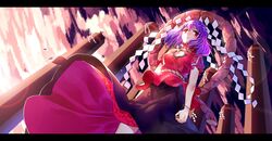  absurdres commentary female hair_ornament highres leaf_hair_ornament letterboxed long_skirt mirror onbashira pink_sky purple_hair red_eyes rope shimenawa short_hair skirt sky solo symbol-only_commentary touhou wei_li yasaka_kanako 