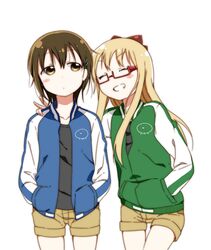  &gt;_&lt; 2girls :d bespectacled blonde_hair brown_eyes brown_hair casual closed_eyes commentary_request expressionless funami_yui glasses hair_ornament hairclip hand_in_pocket hands_in_pockets highres jacket letterman_jacket multiple_girls namori_(character) one-armed_hug open_mouth red-framed_eyewear shigure_(sigre) shorts smile toshinou_kyouko v xd yuru_yuri 