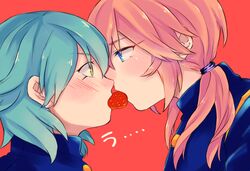  2boys bad_id bad_pixiv_id blue_eyes blush food fruit gakuran green_hair inazuma_eleven_(series) inazuma_eleven_go kariya_masaki kirino_ranmaru male_focus mouth_hold multiple_boys mysterymiharu pink_hair raimon raimon_school_uniform school_uniform simple_background strawberry twintails yaoi yellow_eyes 